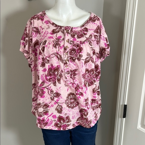Anthropologie Pilcro Top Pink Combo Floral Ruched Henley Tee Size L - Picture 4 of 14